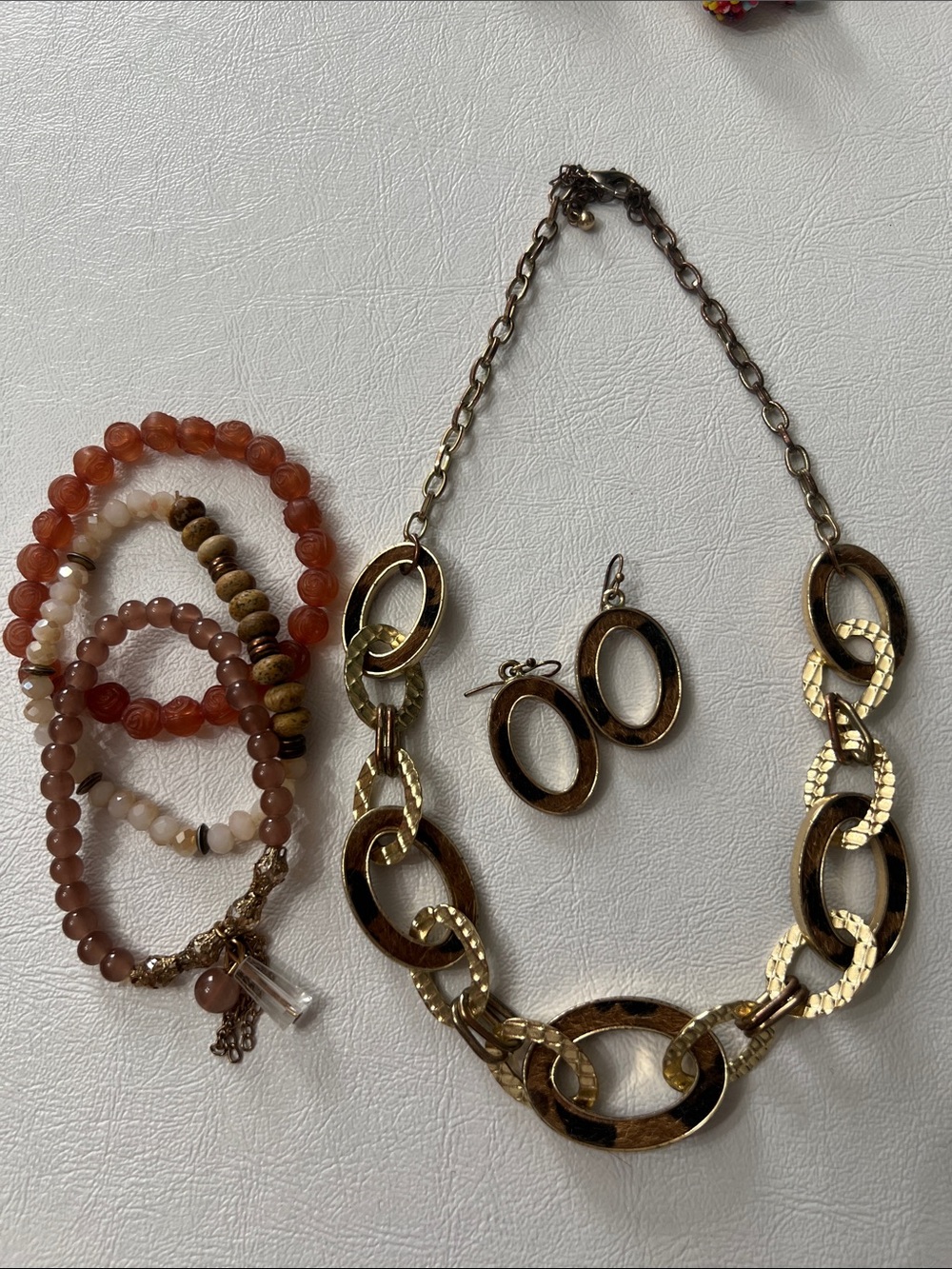 Leopard and gold necklace set brown bracelets